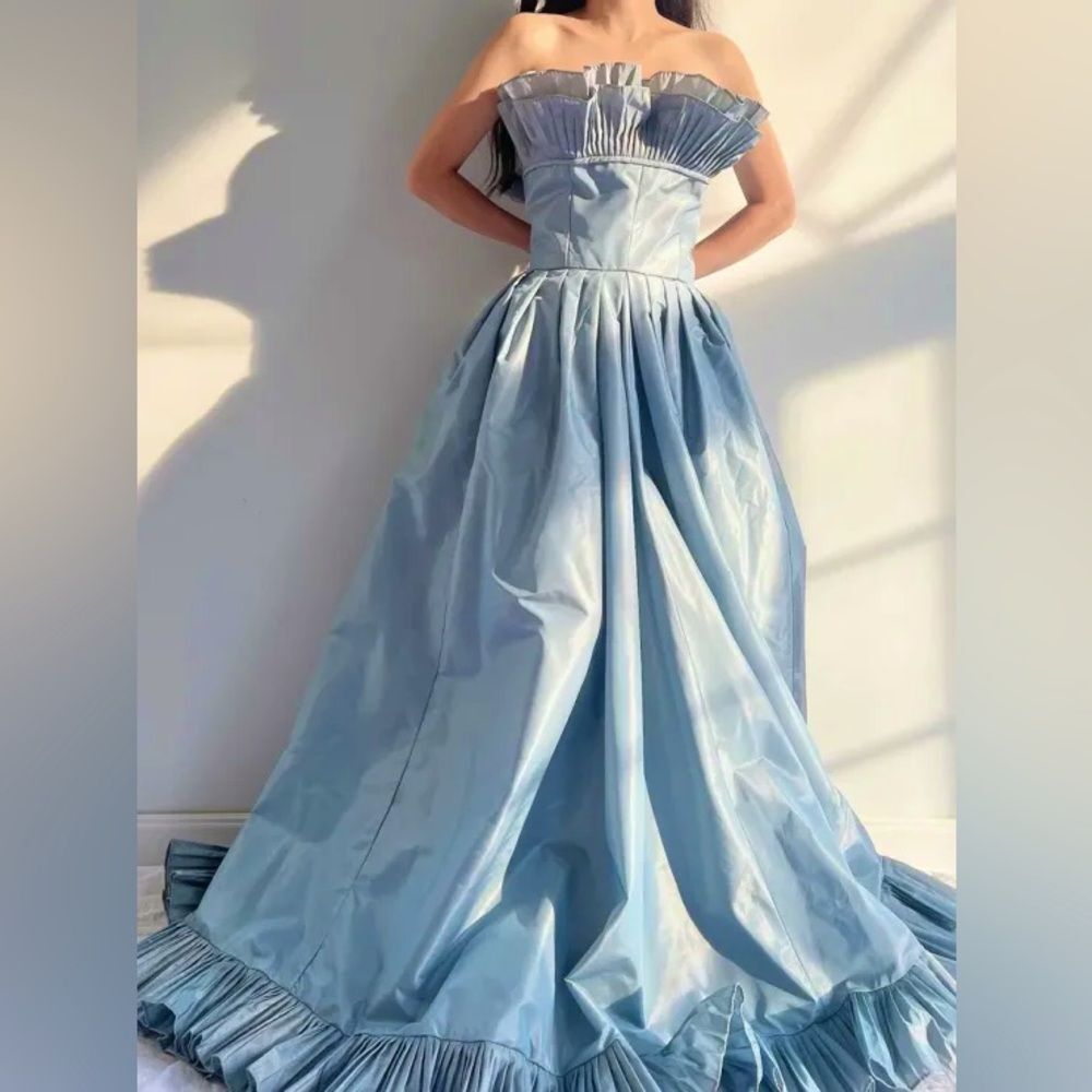 Vintage Victor Costa Aqua Blue Taffeta Dress sz xs pleated bust